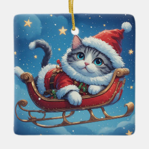 Gray And White Cat Relaxing In Christmas Sleigh Ceramic Ornament