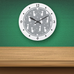 Gray and White Cats Pattern Large Clock