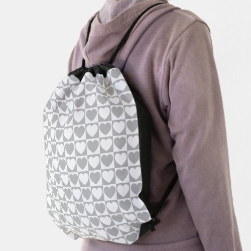 Gray and White Checkerboard Heart Pattern Drawstring Bag