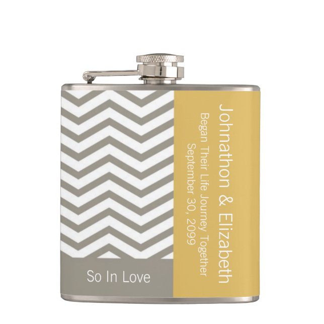 Gray and White Chevron Chic Commemorative Wedding Flask (Front)