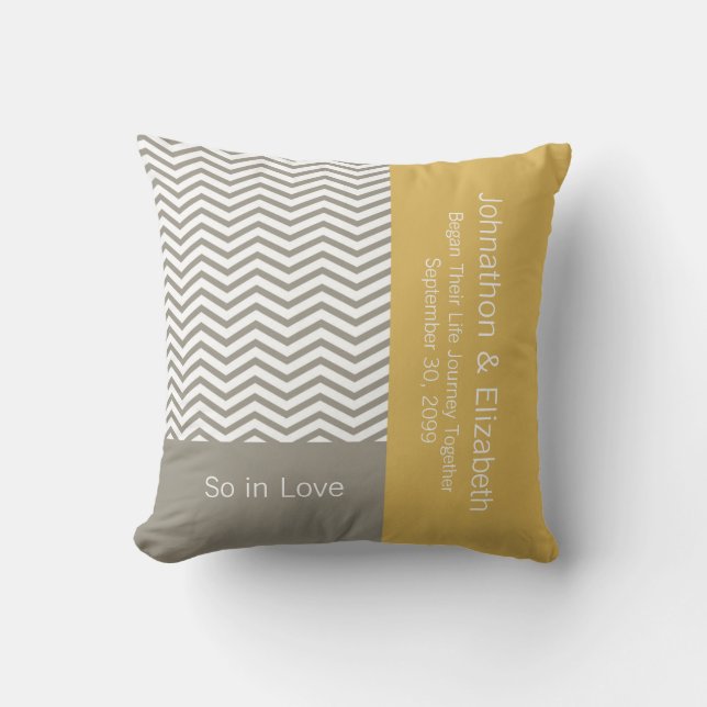 Gray and White Chevron Chic Commemorative Wedding Throw Pillow (Front)
