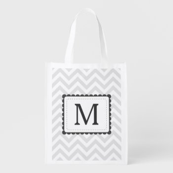 Gray And White Chevron Custom Monogram Reusable Grocery Bag by VintageDesignsShop at Zazzle