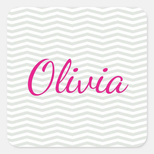 Gray and White Chevron Pattern with Bold Name Square Sticker (Front)