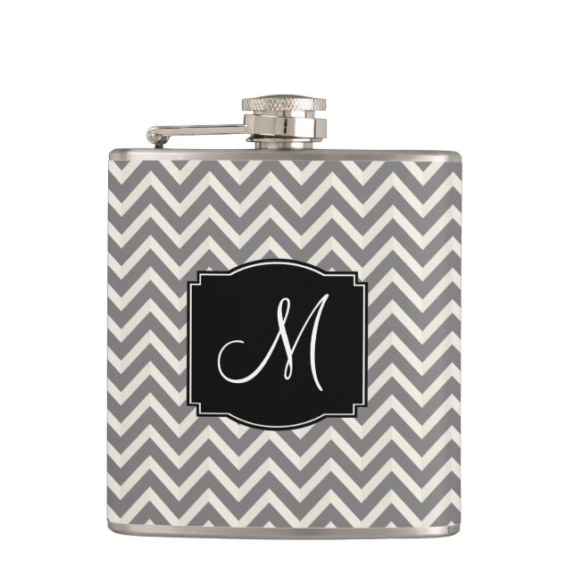 Gray and White Chevron Pattern with Monogram Hip Flask (Front)