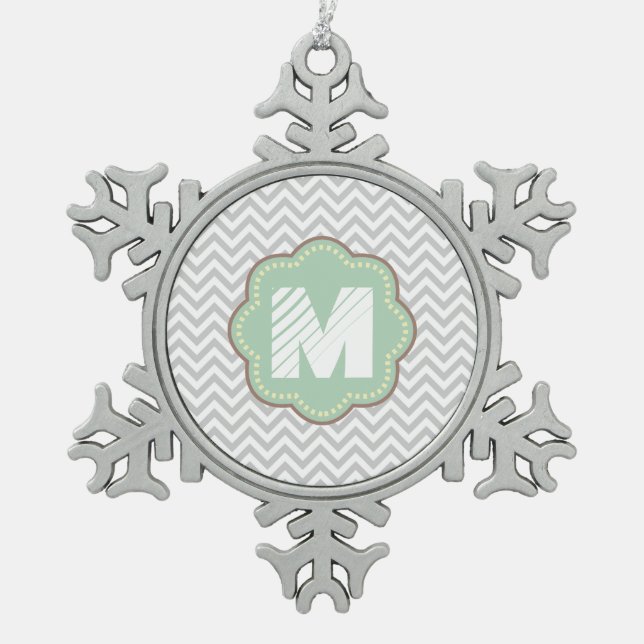 Gray and White Chevron Snowflake Pewter Christmas Ornament (Front)