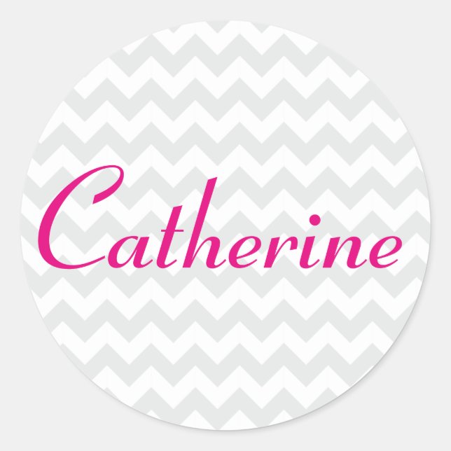 Gray and White Chevron with Bold Script Name Classic Round Sticker (Front)