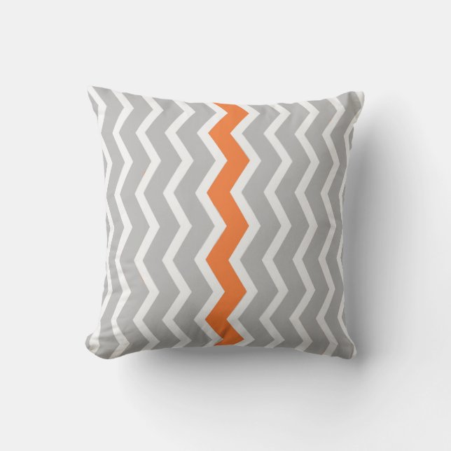 Gray and White Chevron Zigzag with Orange Stripe Throw Pillow (Front)