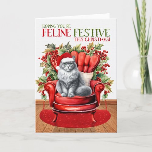 Gray and White Christmas Cat FELINE Festive Holiday Card
