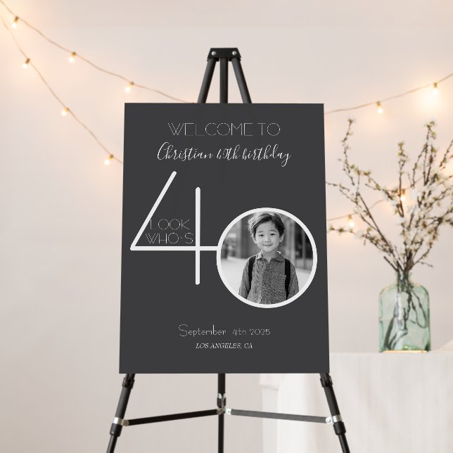 Gray and White Custom Photo 40th Birthday Welcome Foam Board (In Situ (Stand))