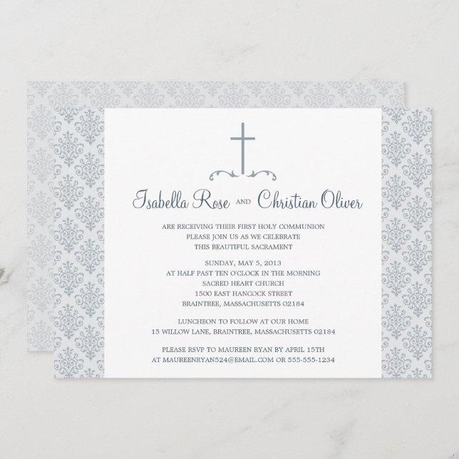 Gray and White Damask First Communion Invitation (Front/Back)