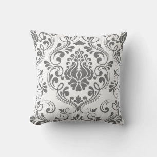 Gray and White Damask Floral Pattern Elegant  Throw Pillow