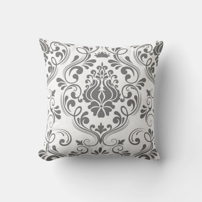 Gray and White Damask Floral Pattern Elegant  Throw Pillow (Front)