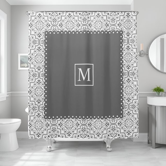 Gray and white damask pattern and monogram shower curtain (Creator Uploaded)