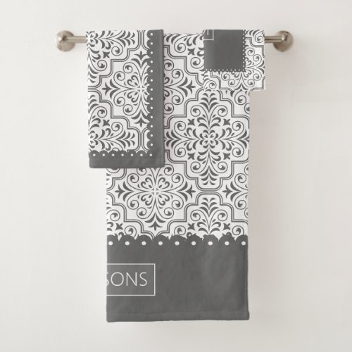 Gray and white damask pattern scalloped borders bath towel set