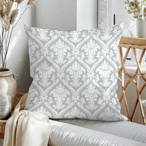 Gray And White Damask Pattern Throw Pillows