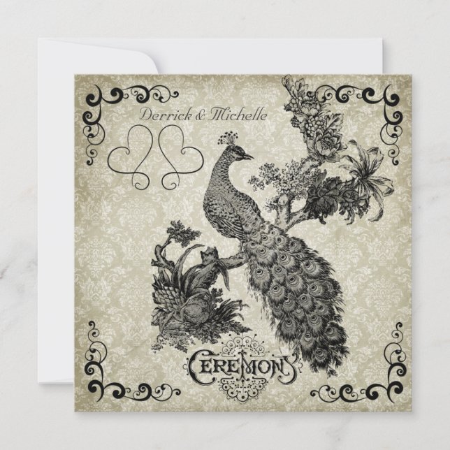 Gray and White Damask Peacock Wedding Invitation (Front)