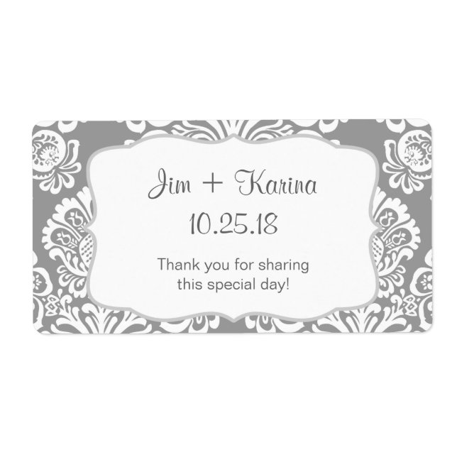 Gray and white Damask Water Bottle - customize it! Label (Front)