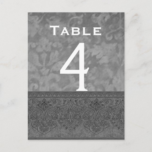 Gray and White Damask Wedding Table Number Card (Front)