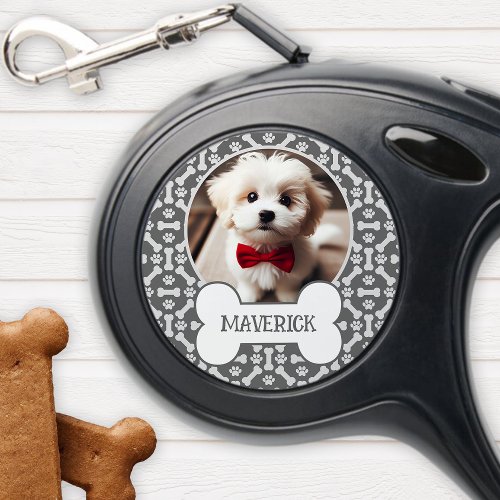 Gray And White Dog Bone Paw Pattern Pet Photo Retractable Pet Leash