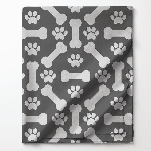 Gray and White Dog Bones and Paw Prints Pattern Fabric