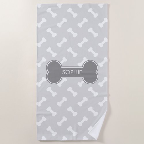 Gray And White Dog Bones Pattern With Custom Name Beach Towel