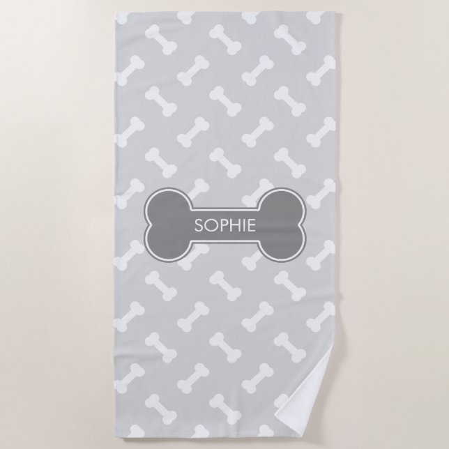 Gray And White Dog Bones Pattern With Custom Name Beach Towel (Front)