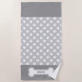 Gray And White Dog Paws And Bone With Name Beach Towel
