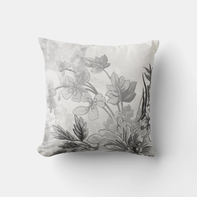 Gray and White Elegant Botanical Floral Throw Pillow (Front)