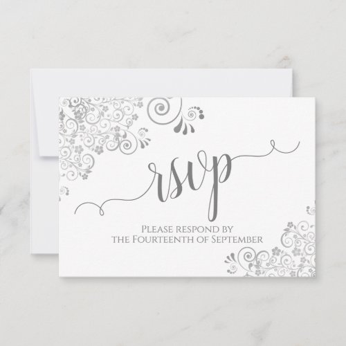 Gray and White Elegant Calligraphy Frilly Wedding RSVP Card