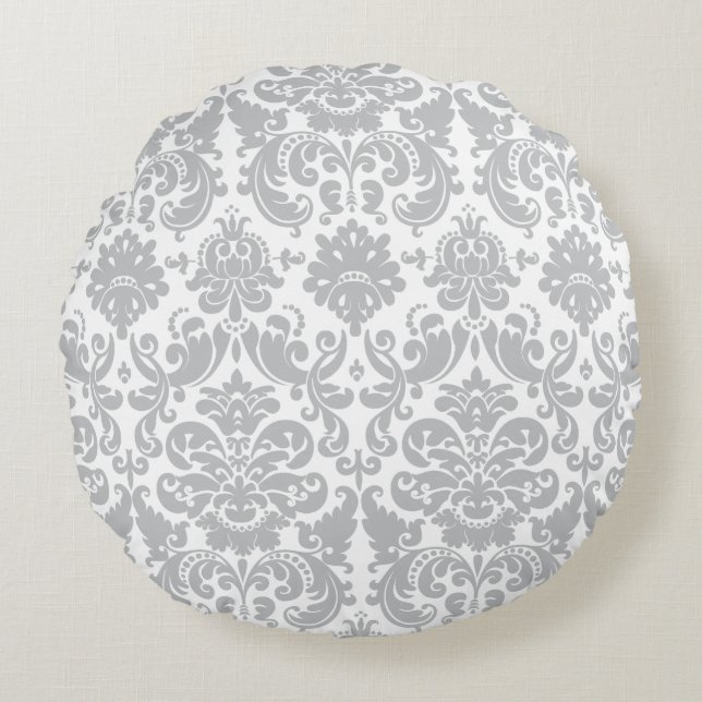 Gray and White Elegant Damask Pattern Round Pillow (Front)