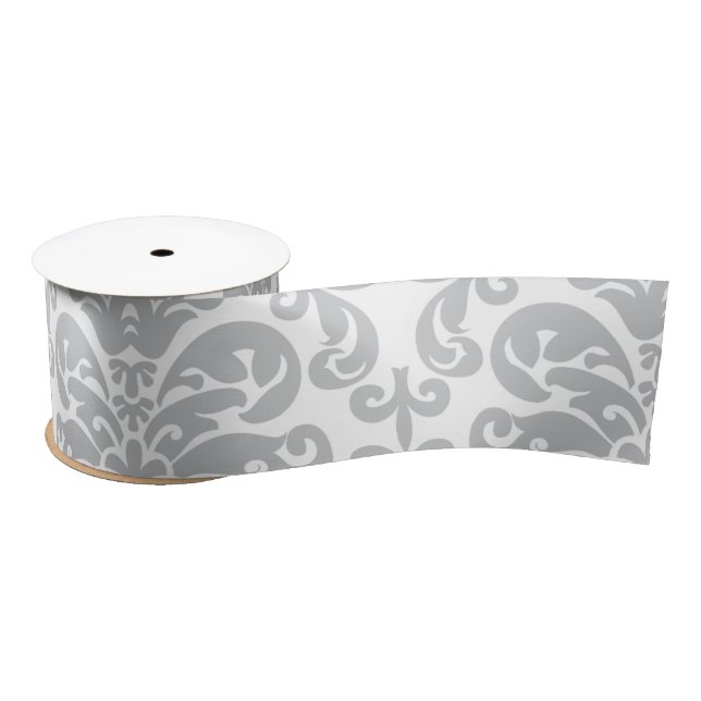Gray and White Elegant Damask Pattern Satin Ribbon (Spool)
