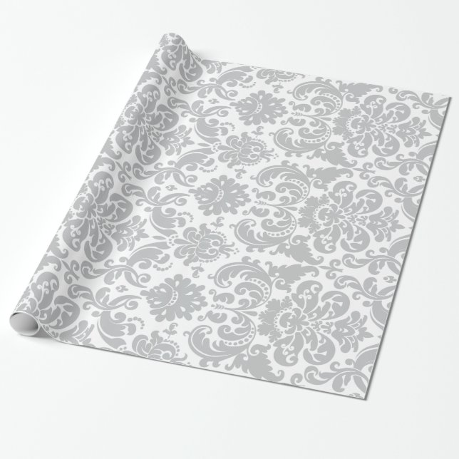 Gray and White Elegant Damask Pattern Wrapping Paper (Unrolled)