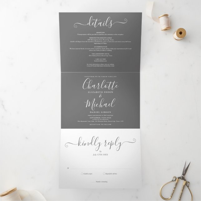 Gray And White Elegant Script Photo Wedding Tri-Fold Invitation (Inside)
