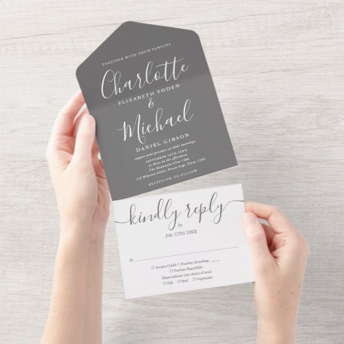 Gray And White Elegant Script Wedding All In On All In One Invitation