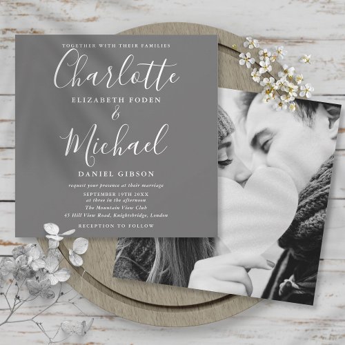 Gray And White Elegant Script Wedding Photo Invitation