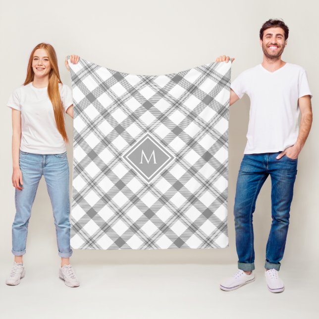 Gray and White Farmhouse Tartan Plaid and Monogram Fleece Blanket (In Situ)