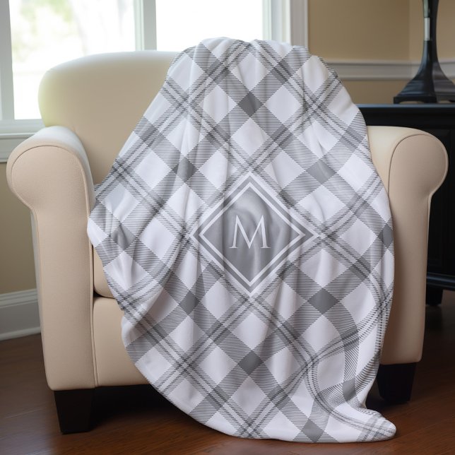 Gray and White Farmhouse Tartan Plaid and Monogram Sherpa Blanket (Creator Uploaded)