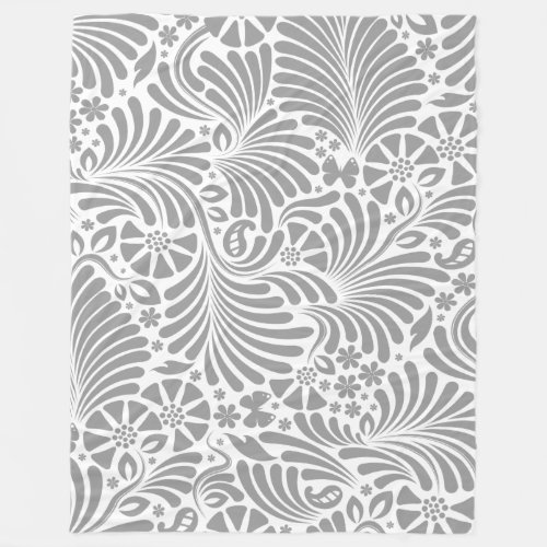 Gray And White Floral Baroque Pattern Fleece Blanket