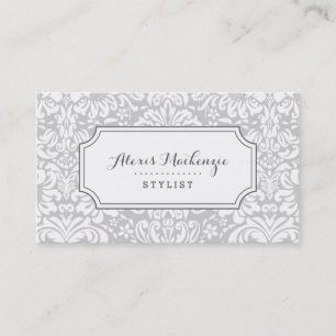 Gray and White Floral Damask Business Card