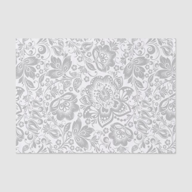 Gray And White Floral Damasks Tissue Paper (Front)