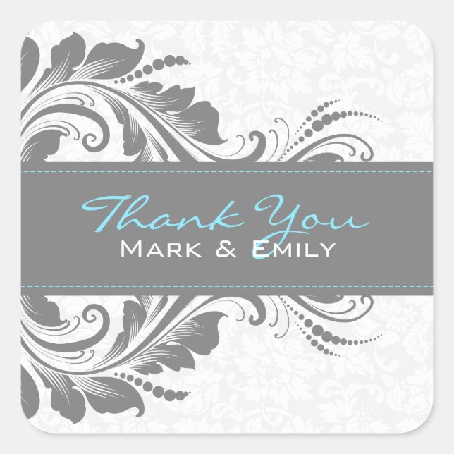 Gray And White Floral Floral Ornament Square Sticker (Front)