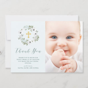 Gray and White Floral on Blue Photo Baptism Thank You Card