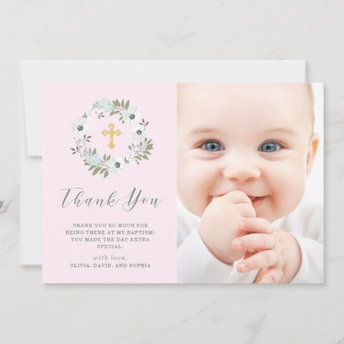 Gray and White Floral on Pink  Photo Baptism Thank You Card