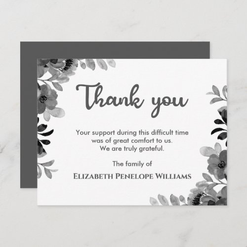 Gray And White Floral Watercolor Memorial Funeral Thank You Card