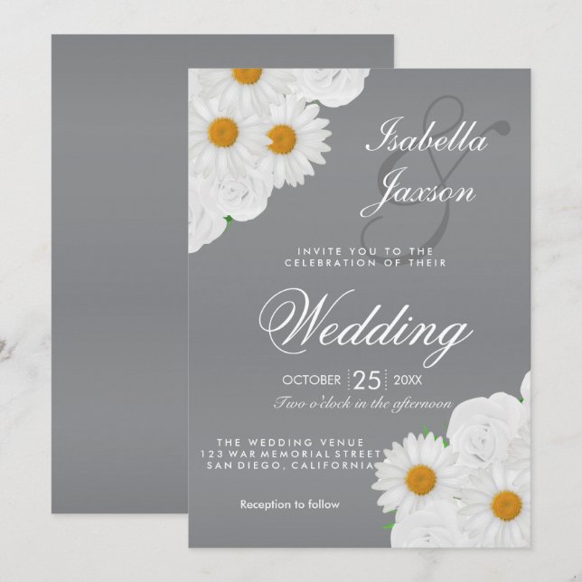 Gray and White Floral Wedding Invitation (Front/Back)