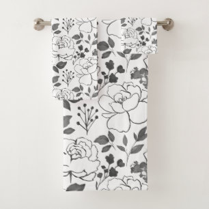 Gray and White Flowers Design Bath Towel Set