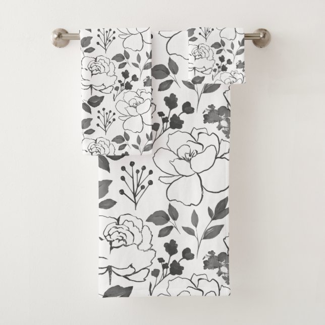 Gray and White Flowers Design Bath Towel Set (Insitu)