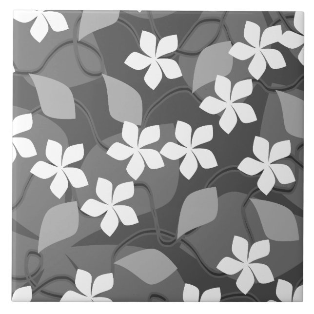 Gray and White Flowers. Floral Pattern. Ceramic Tile (Front)