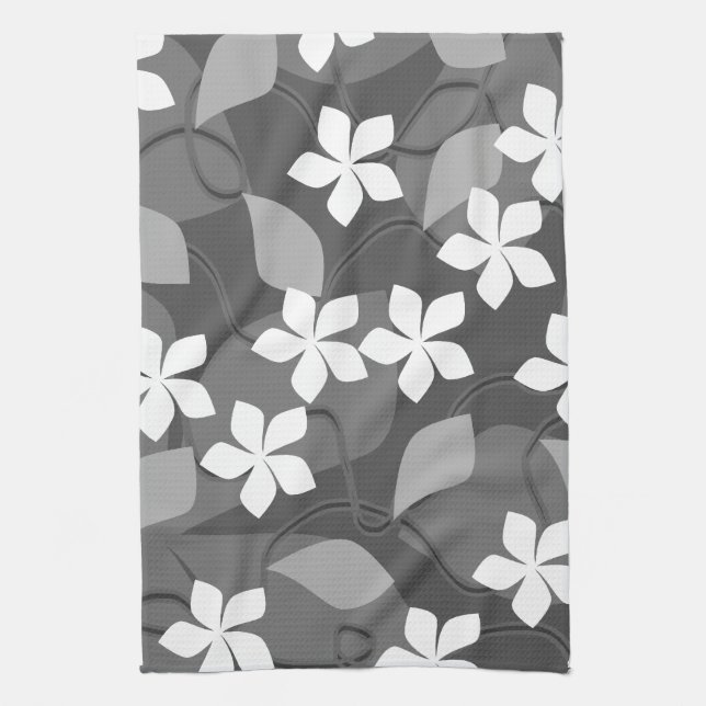 Gray and White Flowers. Floral Pattern. Kitchen Towel (Vertical)