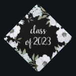 Gray and White Flowers on Black | Class of 2023 Graduation Cap Topper<br><div class="desc">This stylish graduation design features trendy light gray,  white,  and soft blue flowers and green botanical leaves,  with handwritten script typography that says "class of 2023" (and can be changed to reflect your graduation year) on a black background.</div>